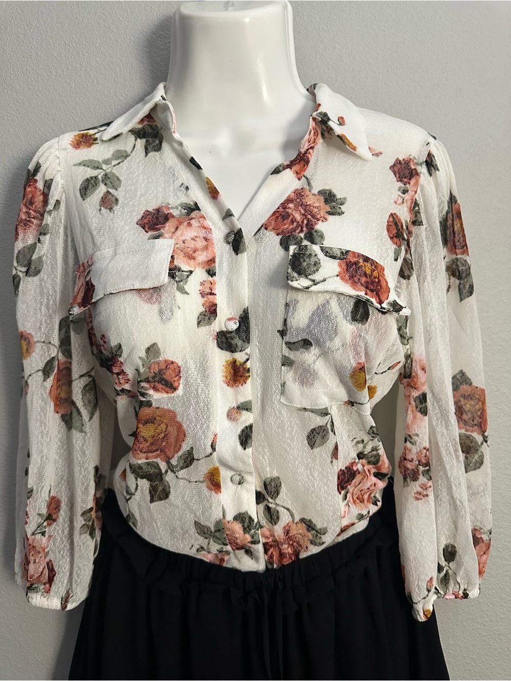 Floral Button-Down Shirt in White with Rose Print